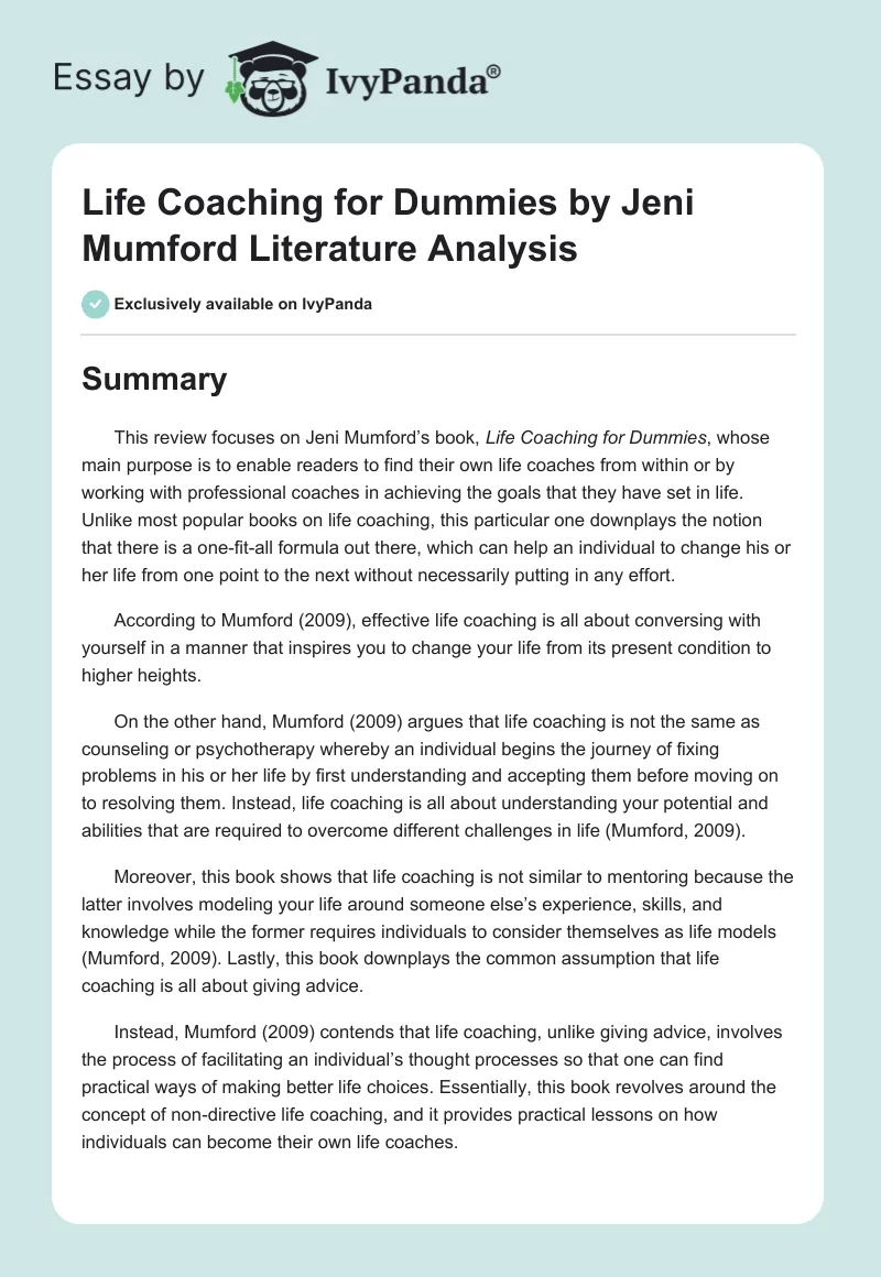 Life Coaching for Dummies by Jeni Mumford Literature Analysis. Page 1
