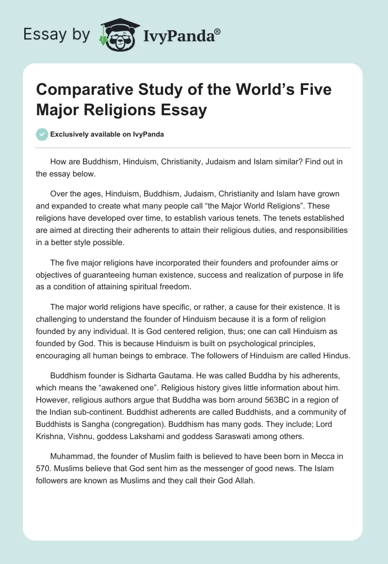 Comparative Study of the World’s Five Major Religions Essay. Page 1