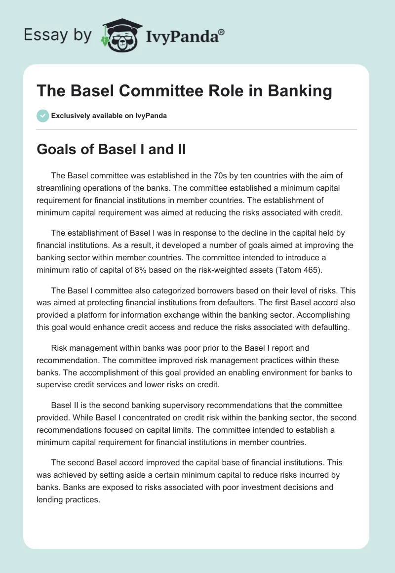 The Basel Committee Role in Banking. Page 1