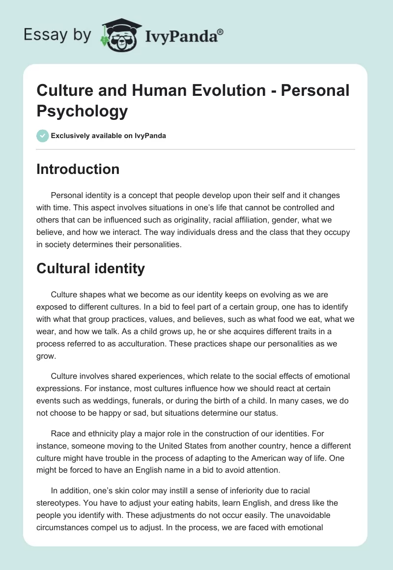 Culture and Human Evolution - Personal Psychology. Page 1