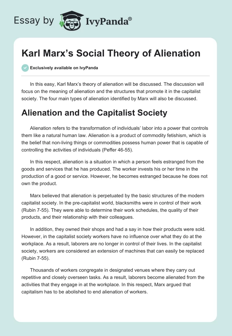 Karl Marx’s Social Theory of Alienation. Page 1