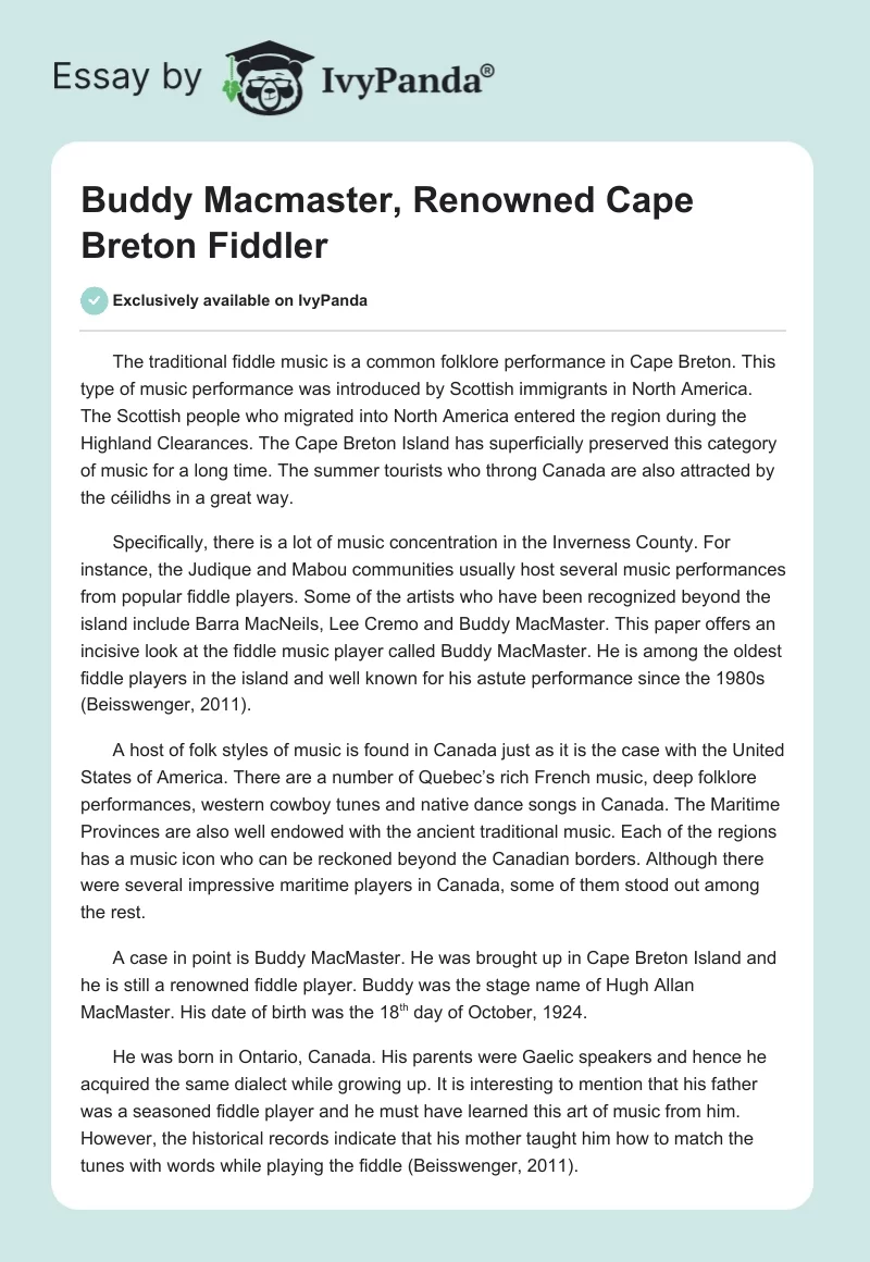 Buddy Macmaster, Renowned Cape Breton Fiddler. Page 1