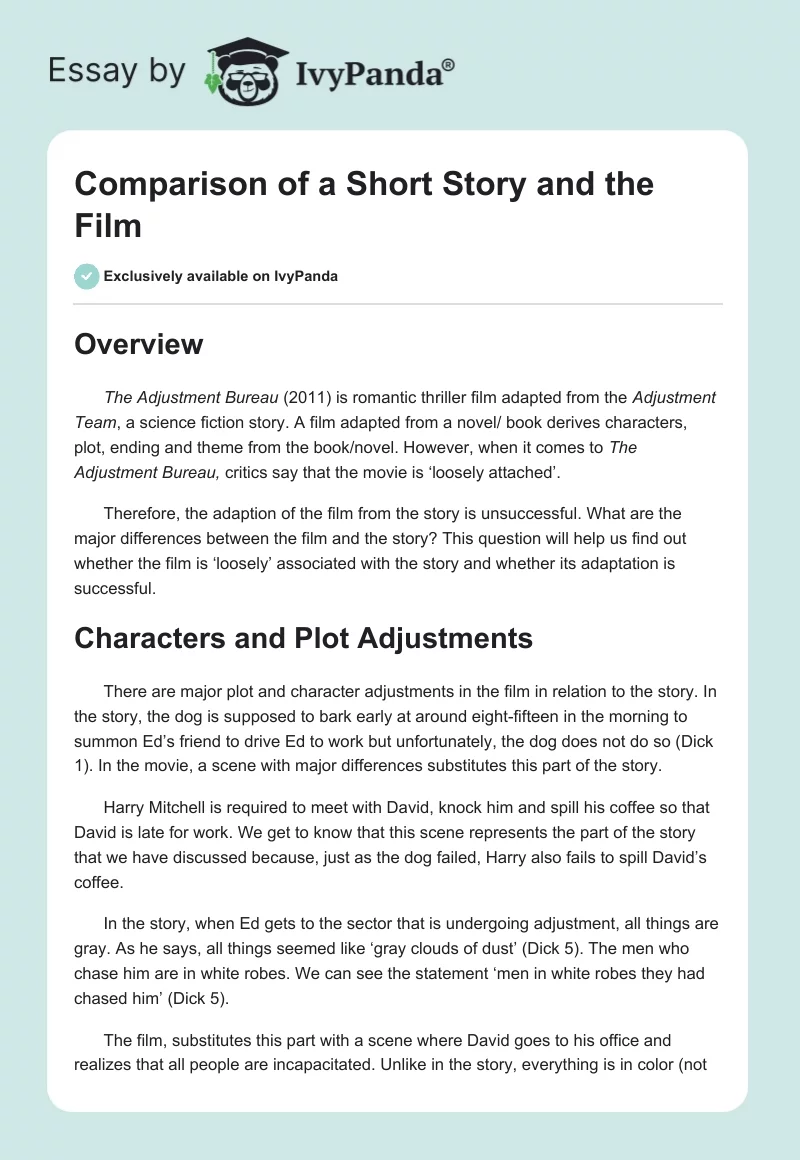 Comparison of a Short Story and the Film. Page 1