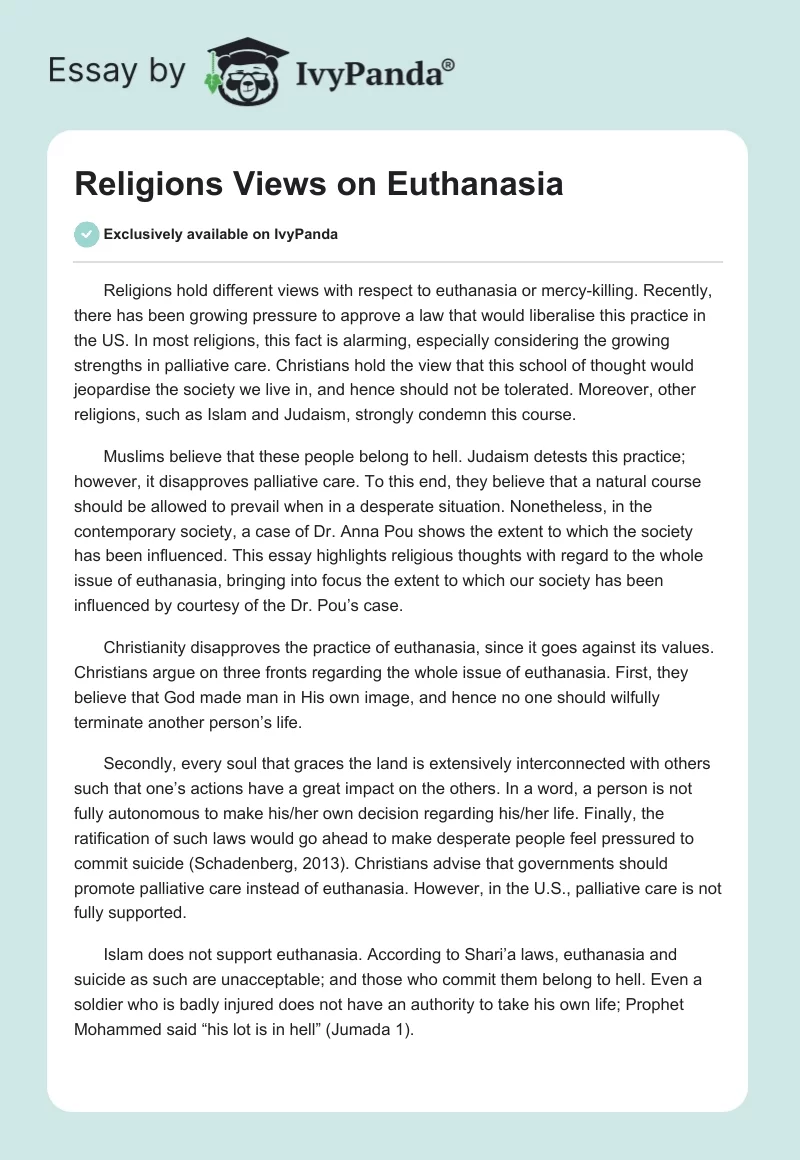 Religions Views on Euthanasia. Page 1