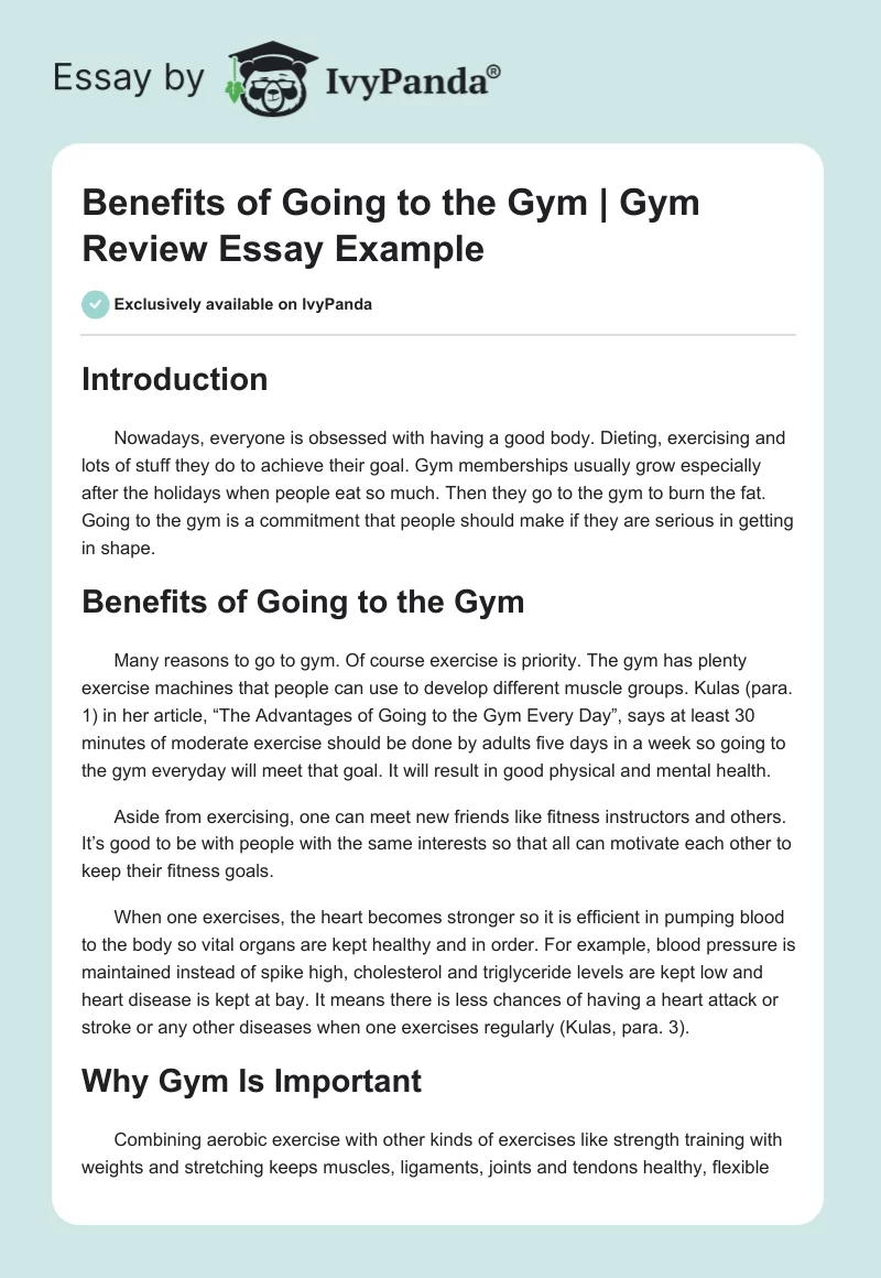 Benefits of Going to the Gym | Gym Review Essay Example. Page 1