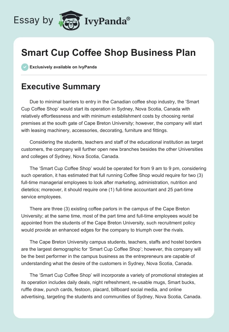 Smart Cup Coffee Shop Business Plan. Page 1
