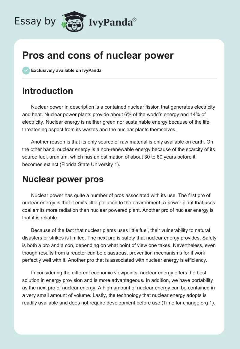 Pros and Cons of Nuclear Power. Page 1