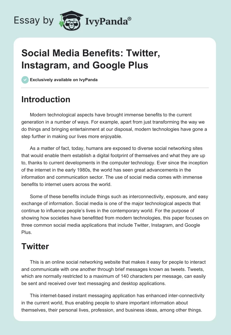 Social Media Benefits: Twitter, Instagram, and Google Plus. Page 1