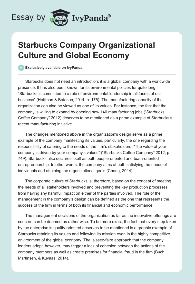 Starbucks Company Organizational Culture and Global Economy. Page 1