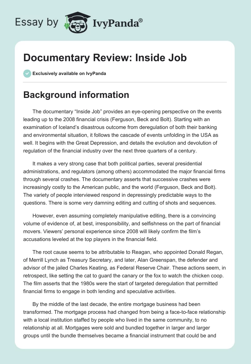 Documentary Review: "Inside Job". Page 1