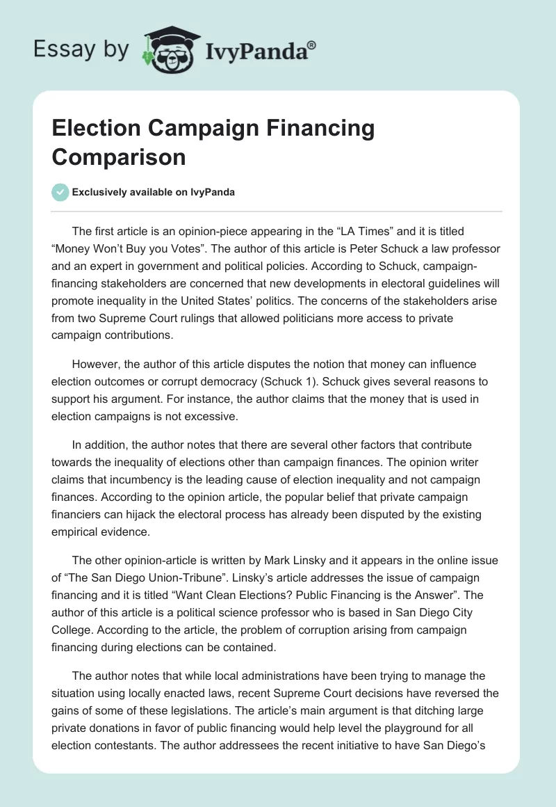 Election Campaign Financing Comparison. Page 1