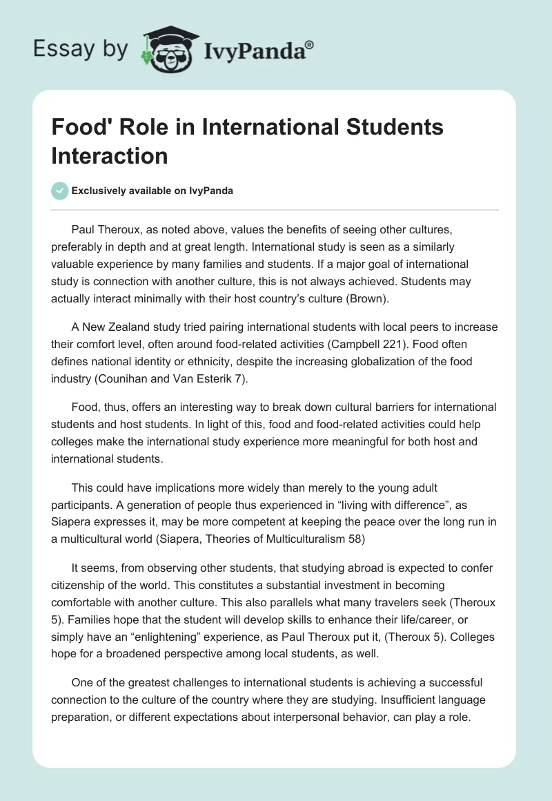 Food' Role in International Students Interaction. Page 1