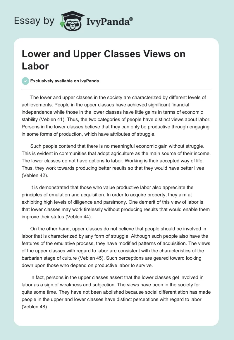Lower and Upper Classes Views on Labor. Page 1