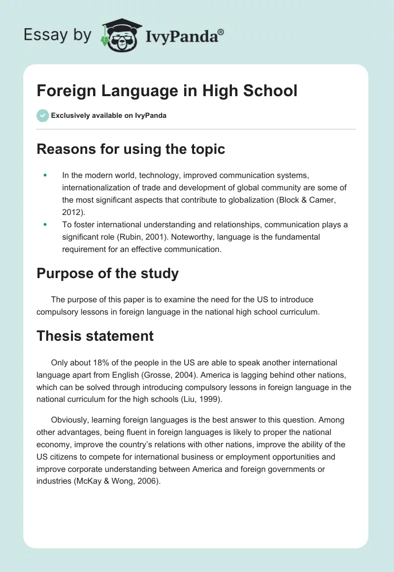 Foreign Language in High School. Page 1