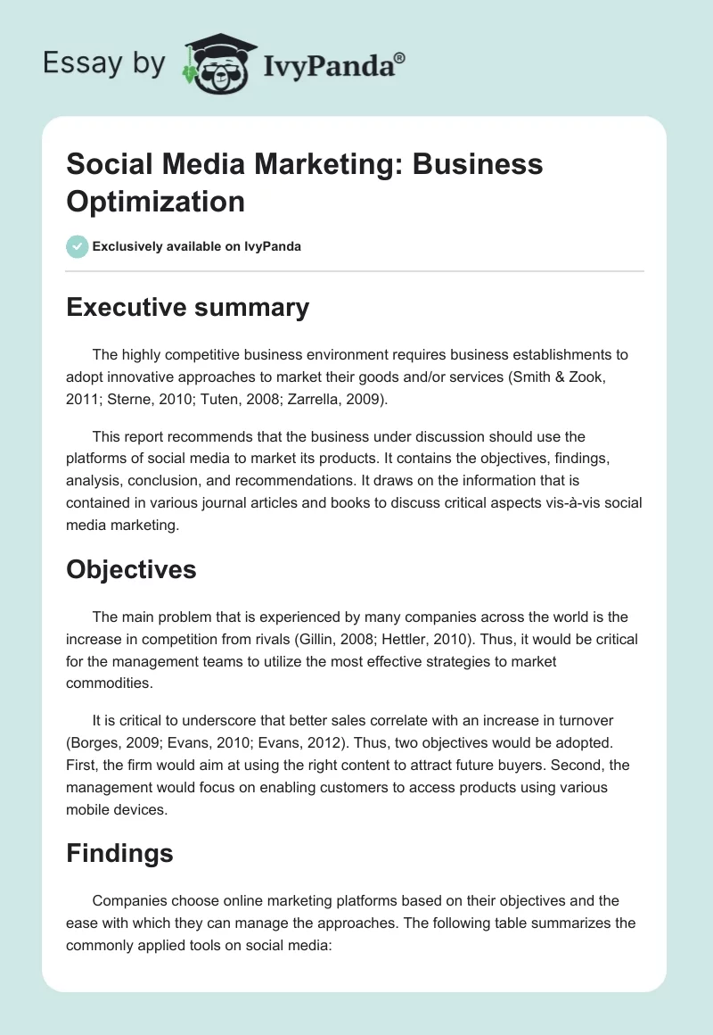 Social Media Marketing: Business Optimization. Page 1