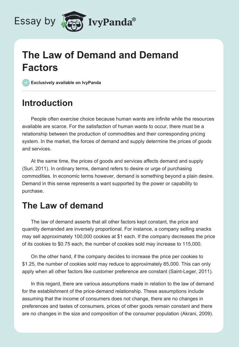Demand Factors and Law of Demand Essay. Page 1