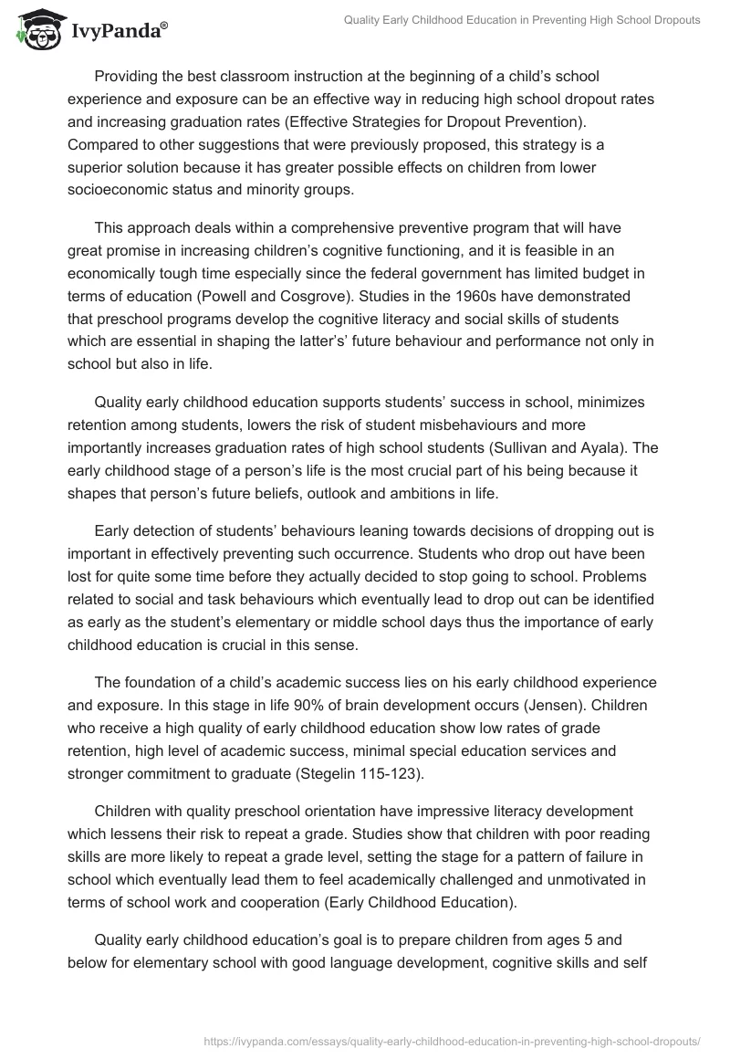 Quality Early Childhood Education in Preventing High School Dropouts. Page 2