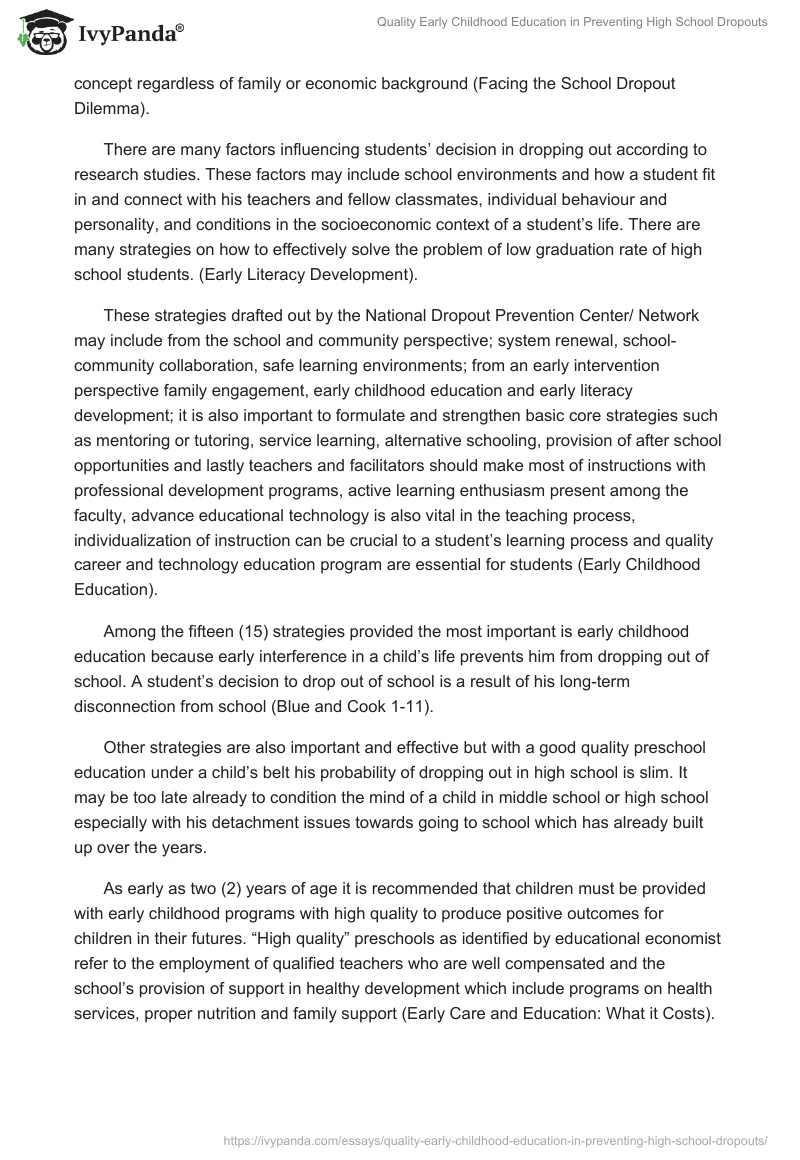 Quality Early Childhood Education in Preventing High School Dropouts. Page 3