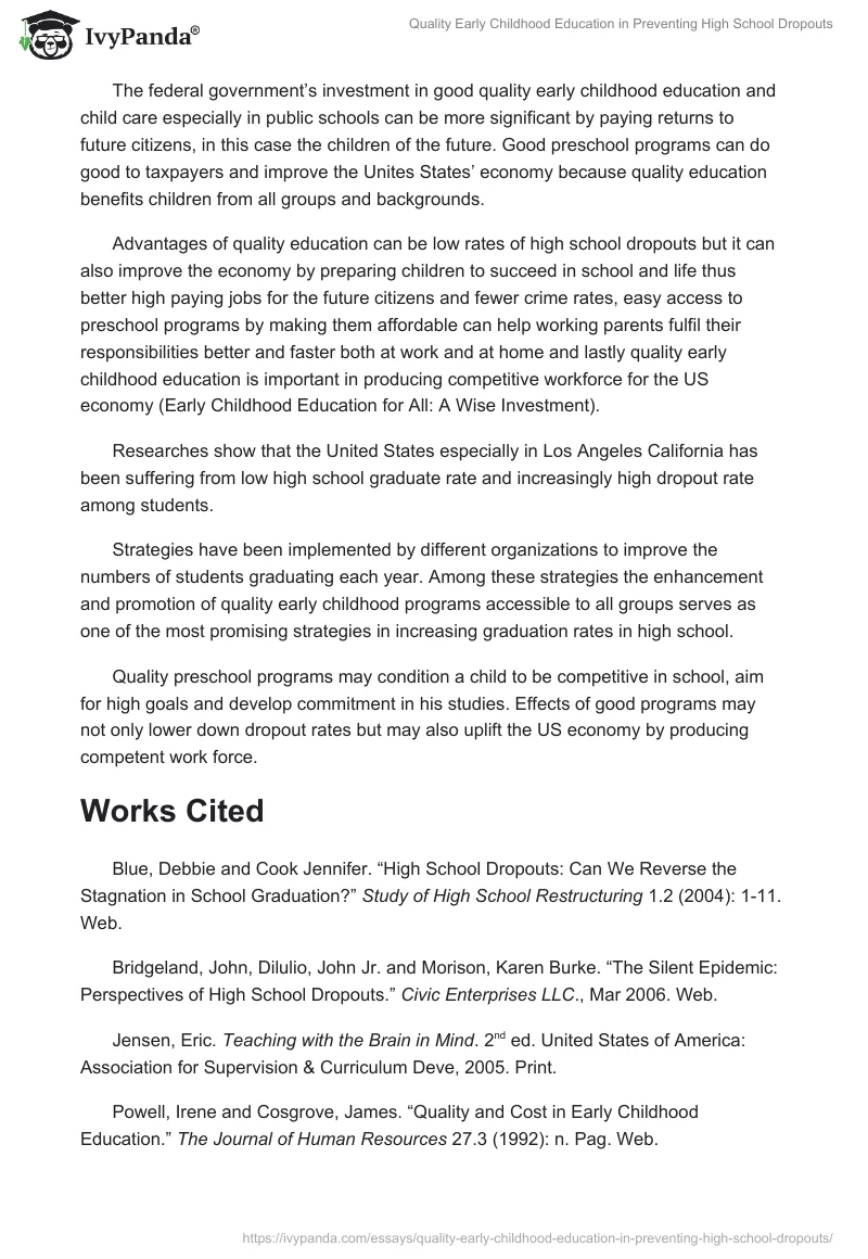 Quality Early Childhood Education in Preventing High School Dropouts. Page 4