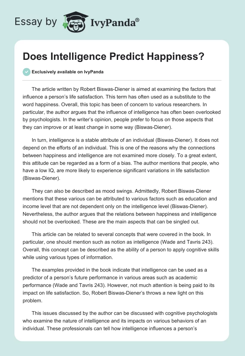 Does Intelligence Predict Happiness?. Page 1