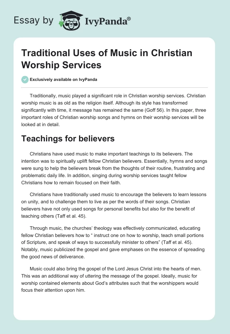 Traditional Uses of Music in Christian Worship Services. Page 1