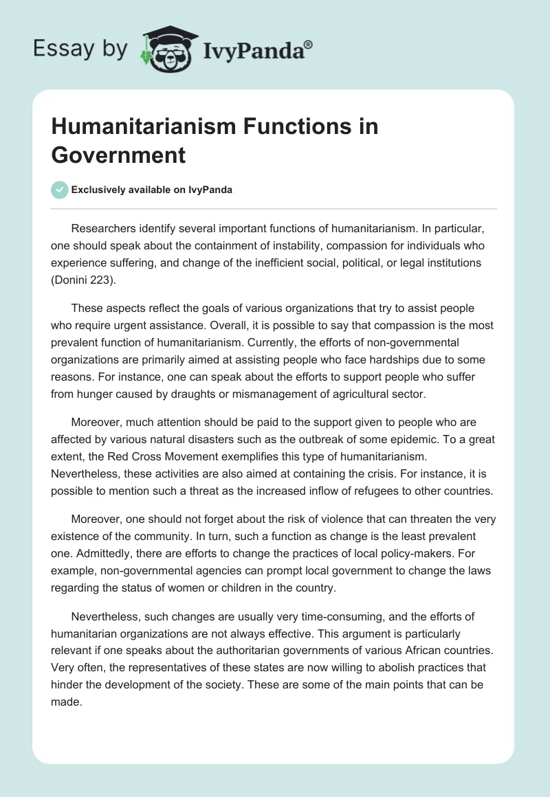 Humanitarianism Functions in Government. Page 1
