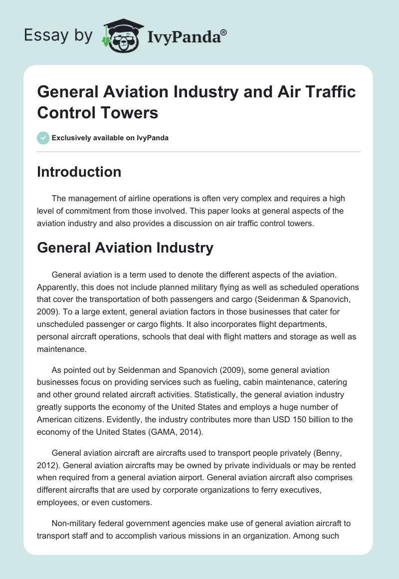 General Aviation Industry and Air Traffic Control Towers. Page 1