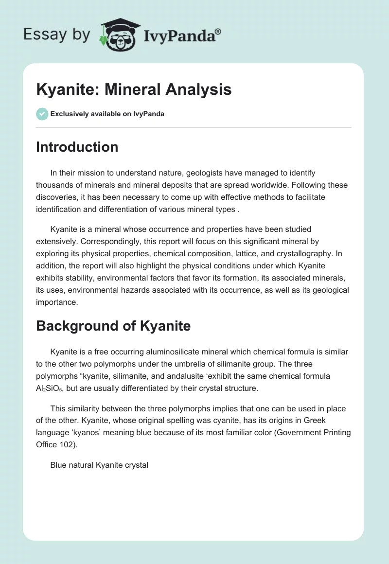 Kyanite: Mineral Analysis. Page 1