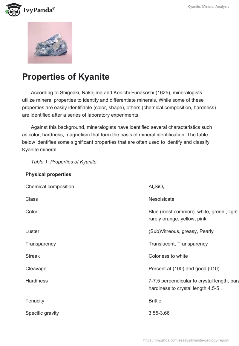 Kyanite: Mineral Analysis. Page 2