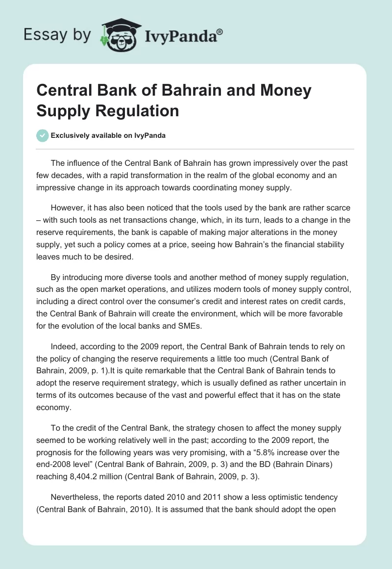 Central Bank of Bahrain and Money Supply Regulation. Page 1