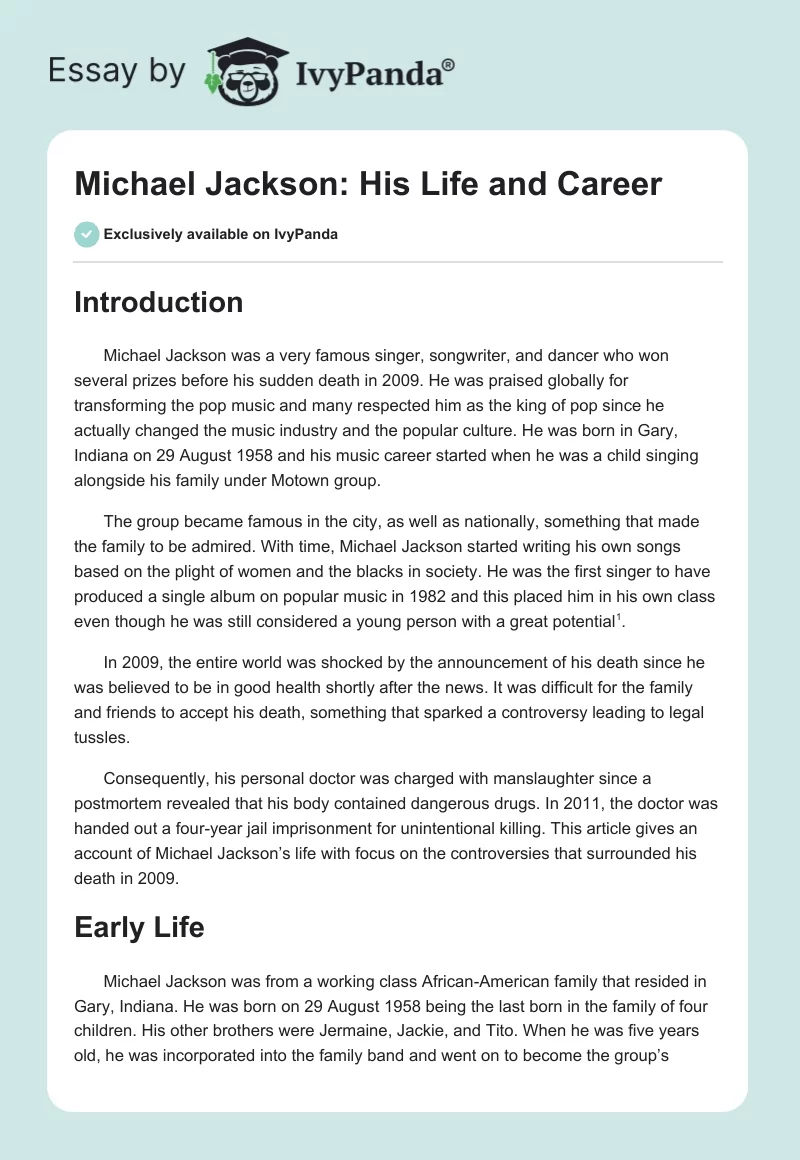 Michael Jackson: His Life and Career. Page 1