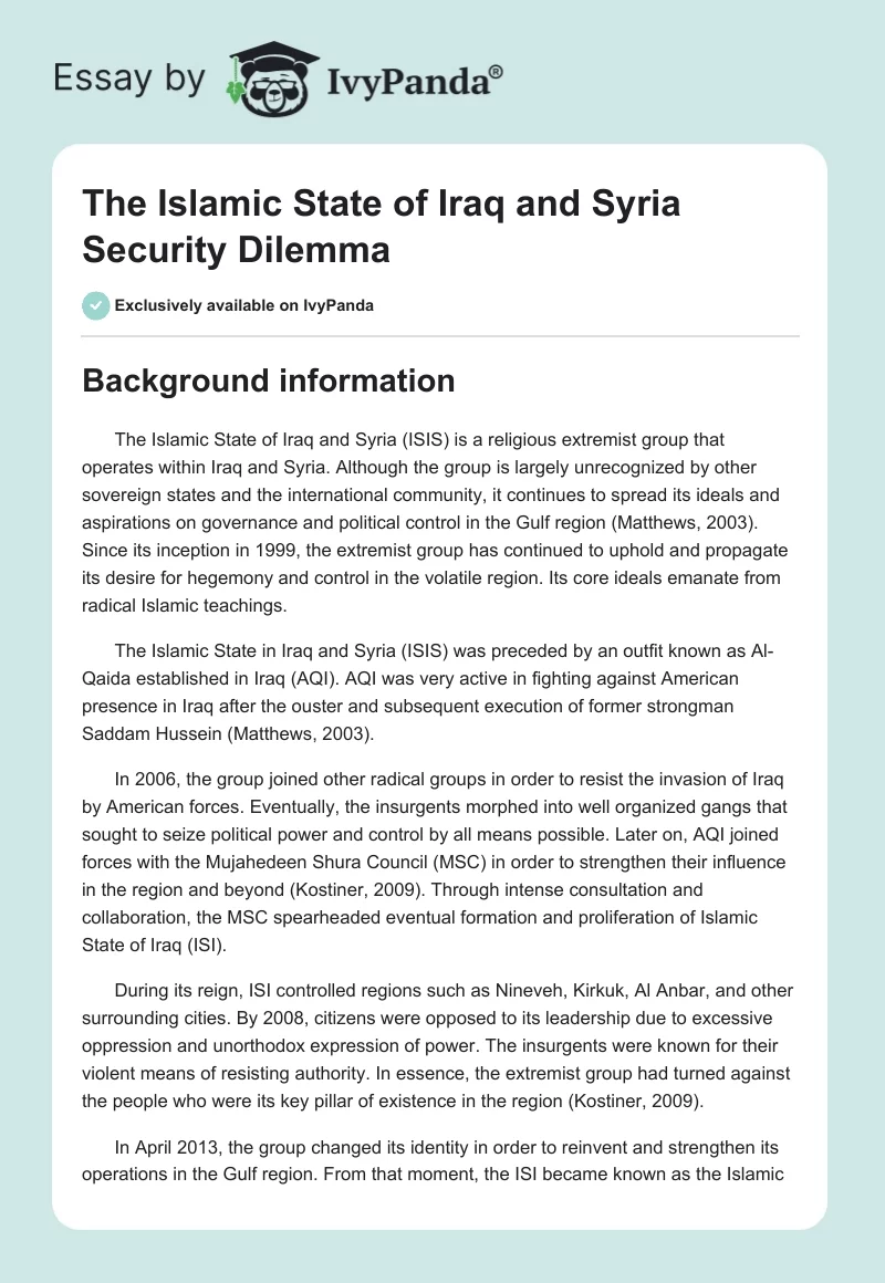 The Islamic State of Iraq and Syria Security Dilemma. Page 1