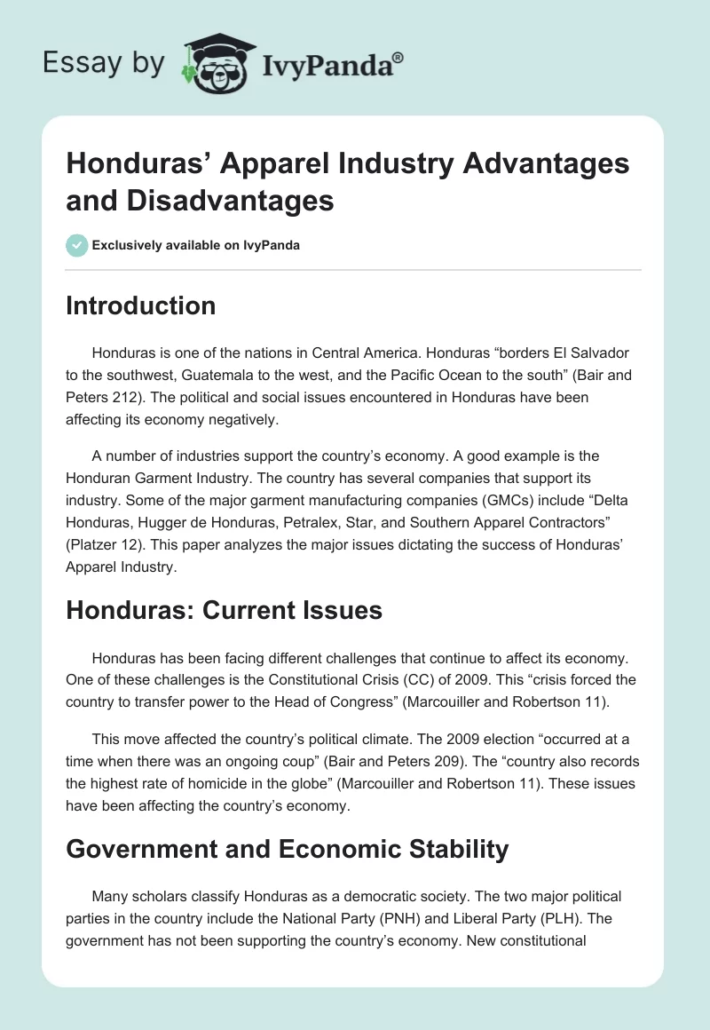 Honduras’ Apparel Industry Advantages and Disadvantages. Page 1