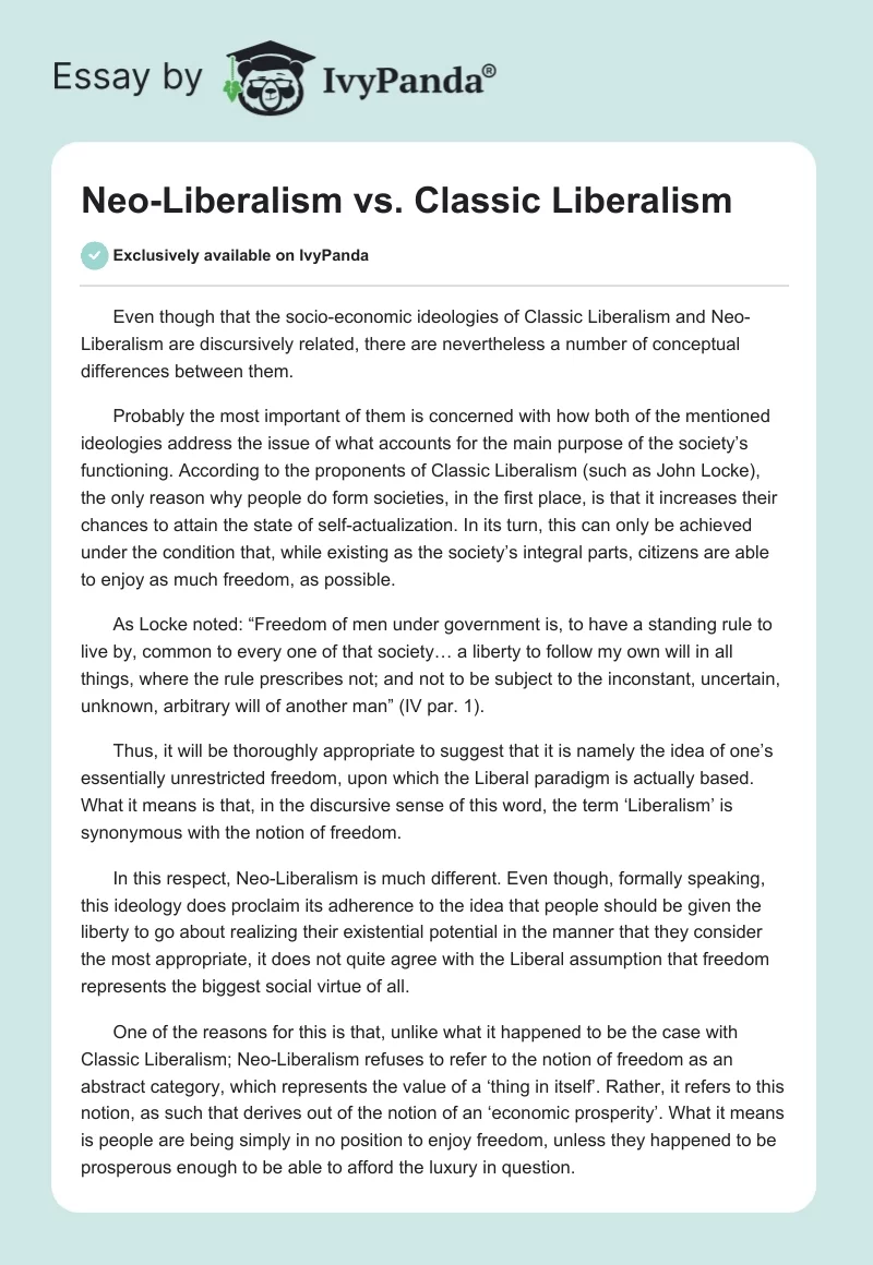 Neo-Liberalism vs. Classic Liberalism. Page 1