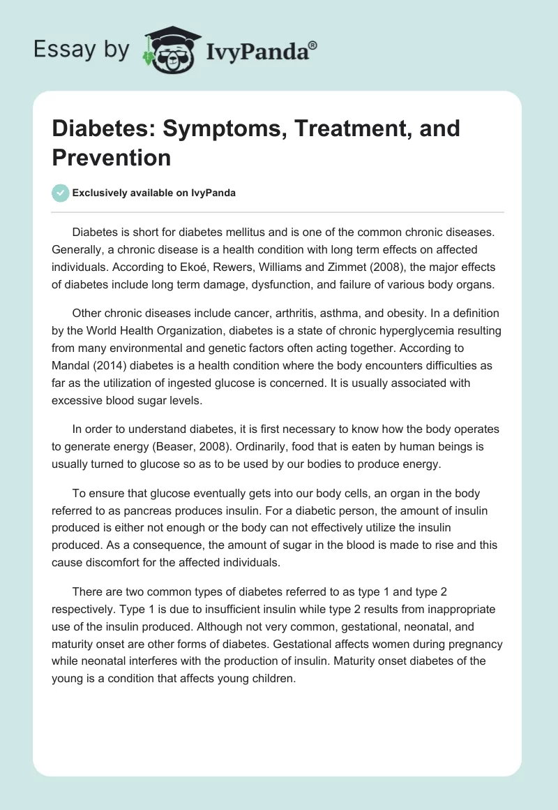 Diabetes: Symptoms, Treatment, and Prevention. Page 1