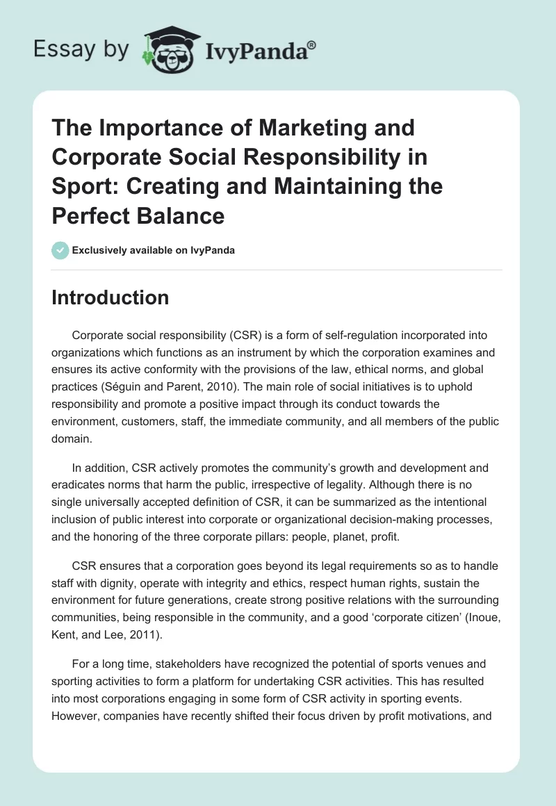 The Importance of Marketing and Corporate Social Responsibility in Sport: Creating and Maintaining the Perfect Balance. Page 1