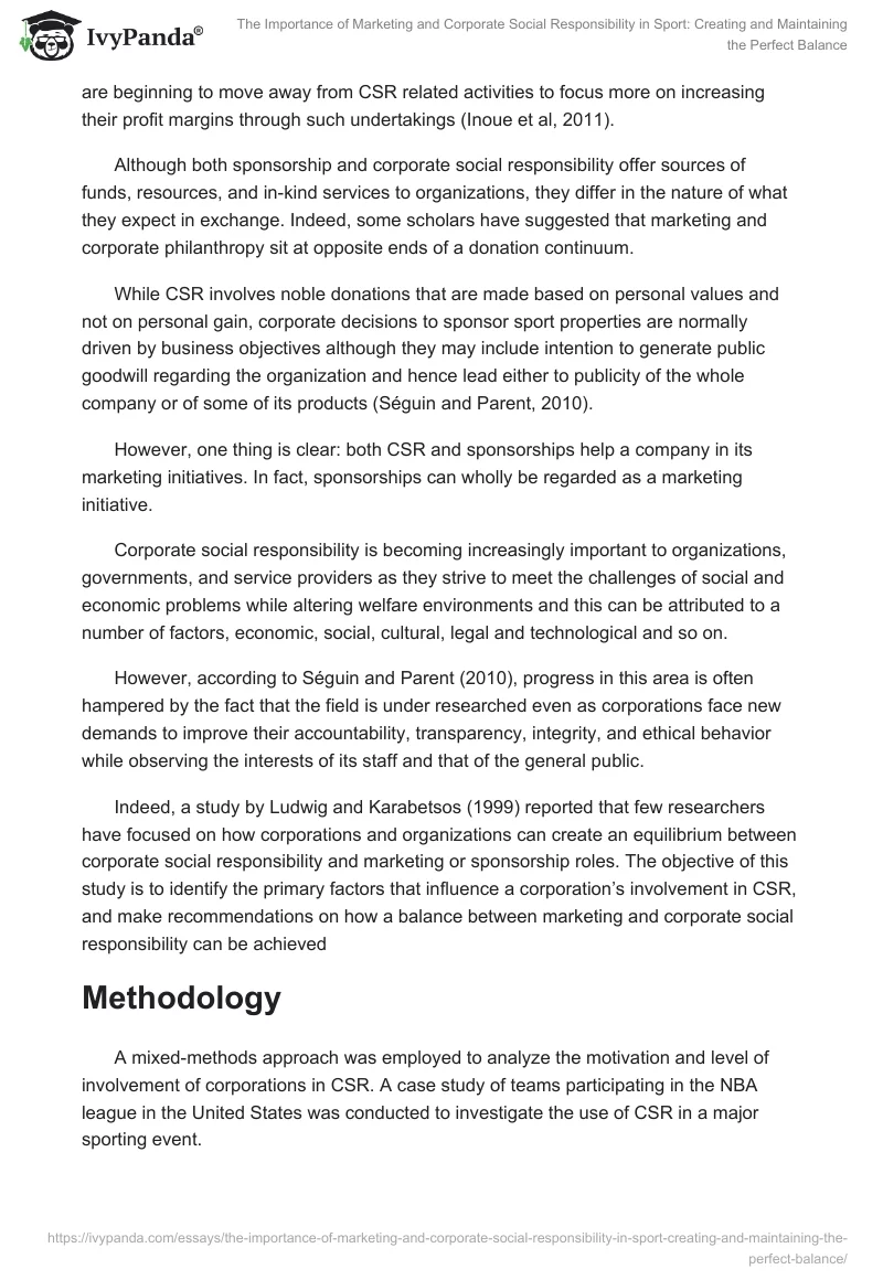 The Importance of Marketing and Corporate Social Responsibility in Sport: Creating and Maintaining the Perfect Balance. Page 2