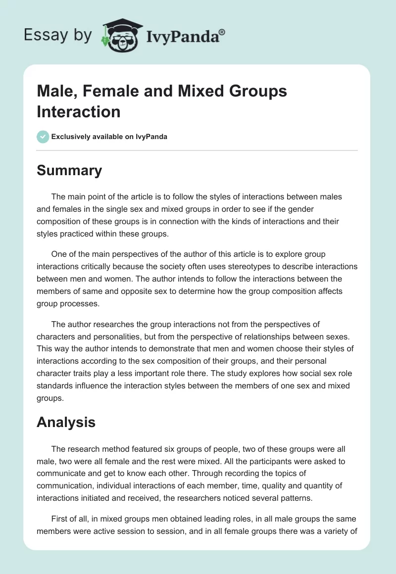 Male, Female and Mixed Groups Interaction. Page 1