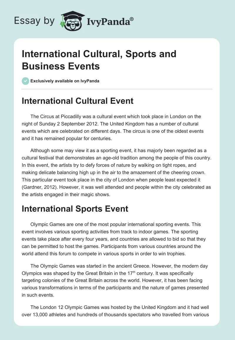 International Cultural, Sports and Business Events. Page 1