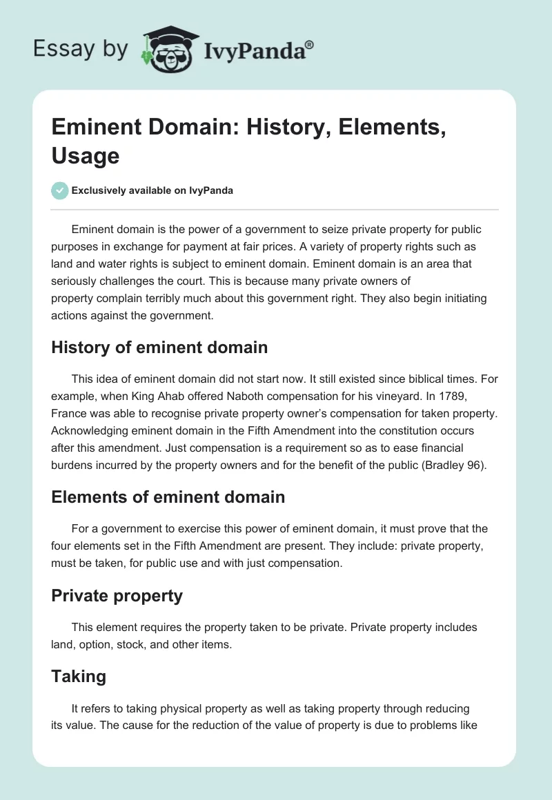 Eminent Domain: History, Elements, Usage. Page 1
