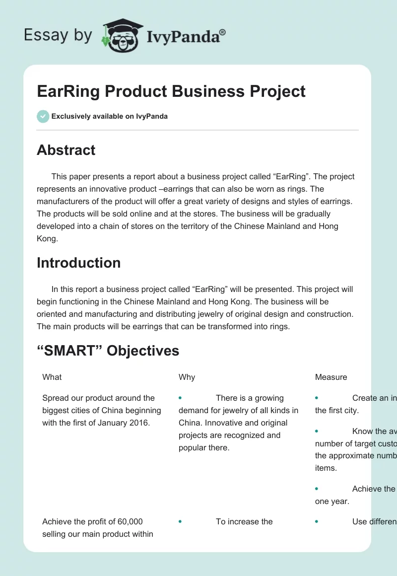 EarRing Product Business Project. Page 1