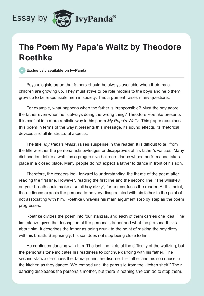 The Poem "My Papa’s Waltz" by Theodore Roethke. Page 1