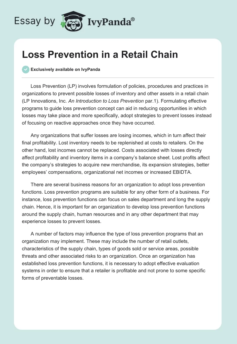Loss Prevention in a Retail Chain. Page 1