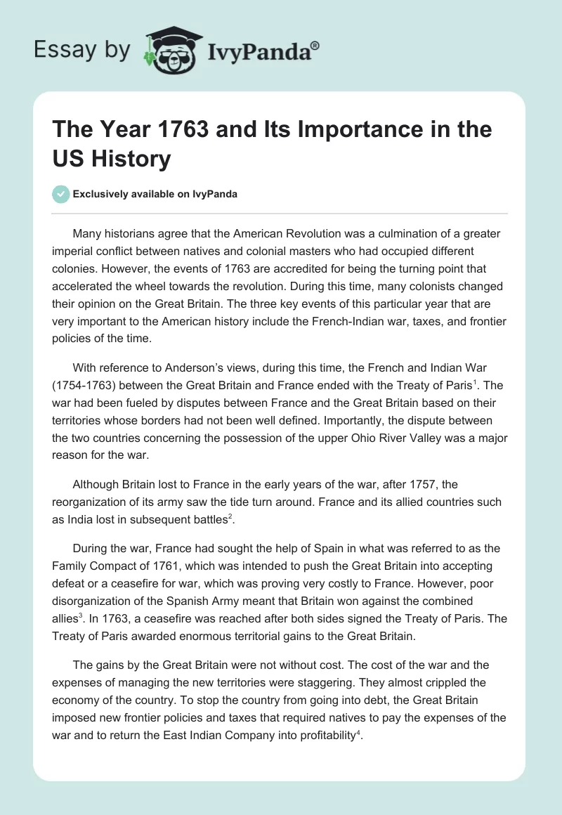 The Year 1763 and Its Importance in the US History. Page 1