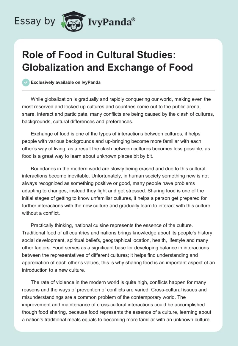 Role of Food in Cultural Studies: Globalization and Exchange of Food. Page 1