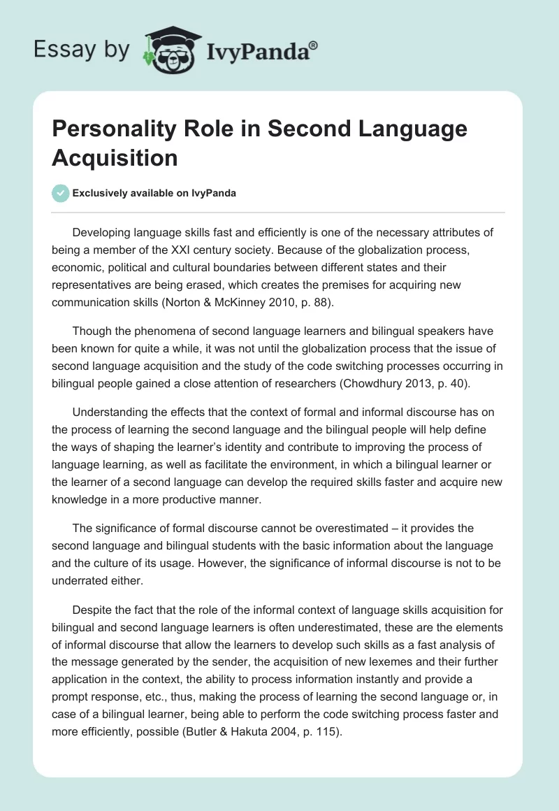 Personality Role in Second Language Acquisition. Page 1