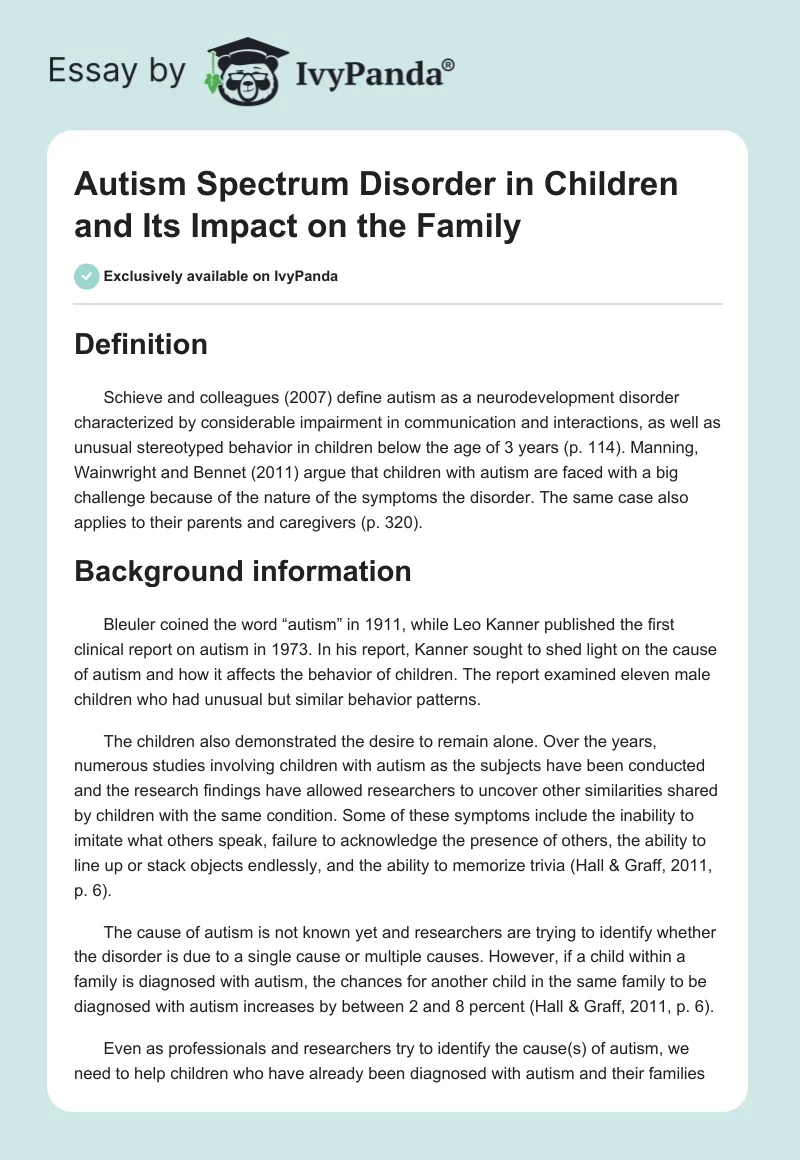 Autism Spectrum Disorder in Children and Its Impact on the Family. Page 1