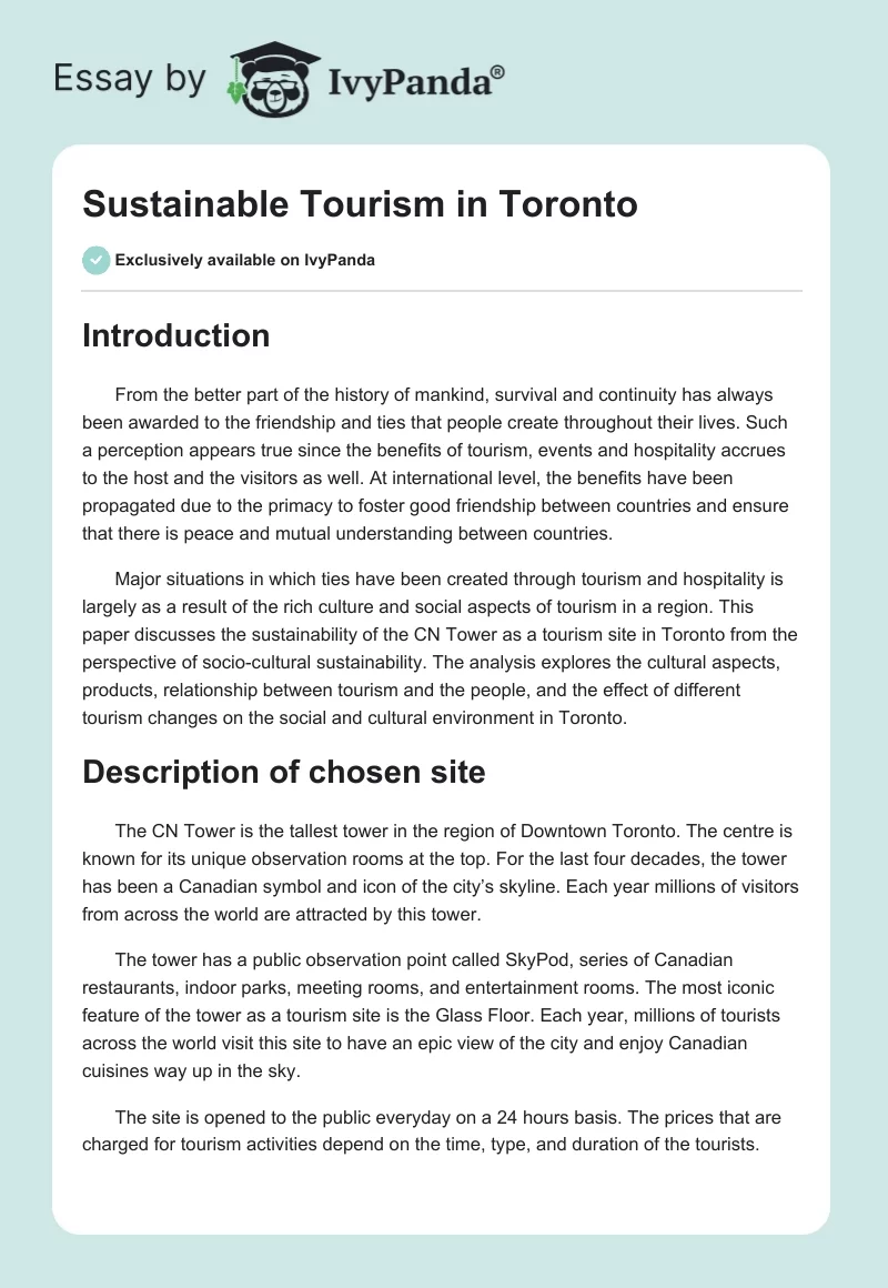 Sustainable Tourism in Toronto. Page 1
