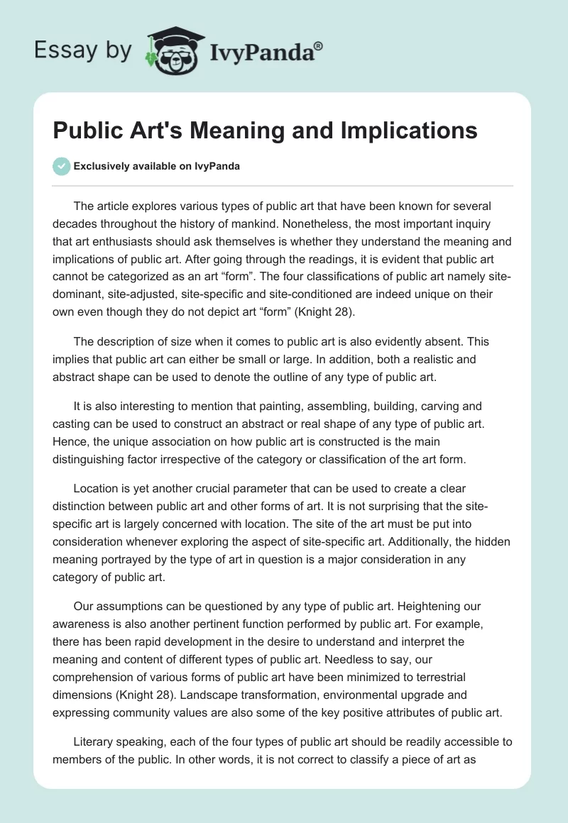 Public Art's Meaning and Implications. Page 1