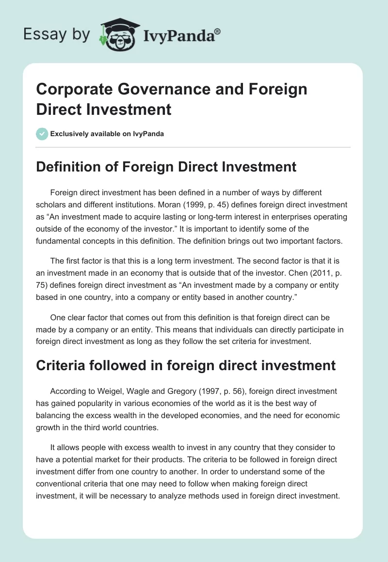 Corporate Governance and Foreign Direct Investment. Page 1